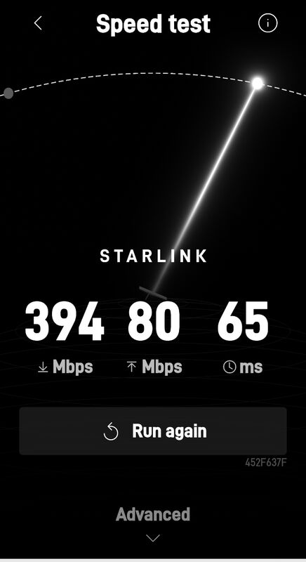 Starlink speed test after installation showing 394 Mbps download and 80 Mbps upload